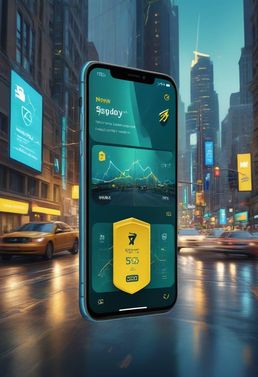 A dynamic scene depicting a person confidently using a mobile phone to access a payday advance with a visually reassuring interface. Surround this figure with symbols of speed and security like lightning bolts and shield icons, set against a bustling urban backdrop with soft focus. The overall color palette should convey trust and urgency, combining blues and greens with hints of vibrant yellows. Consider a modern, digital art style to emphasize the technological aspect of the service. super-realistic. vibrant colors. 3D.