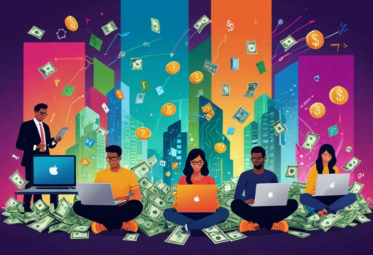 A diverse group of individuals happily using their laptops and smartphones, surrounded by stacks of cash and quick cash symbols, like dollar signs and clocks indicating speed. The background features a digital landscape representing online connections and security, with glowing lock symbols for safety. Bright colors to depict optimism and reliability. vector art. vibrant colors.