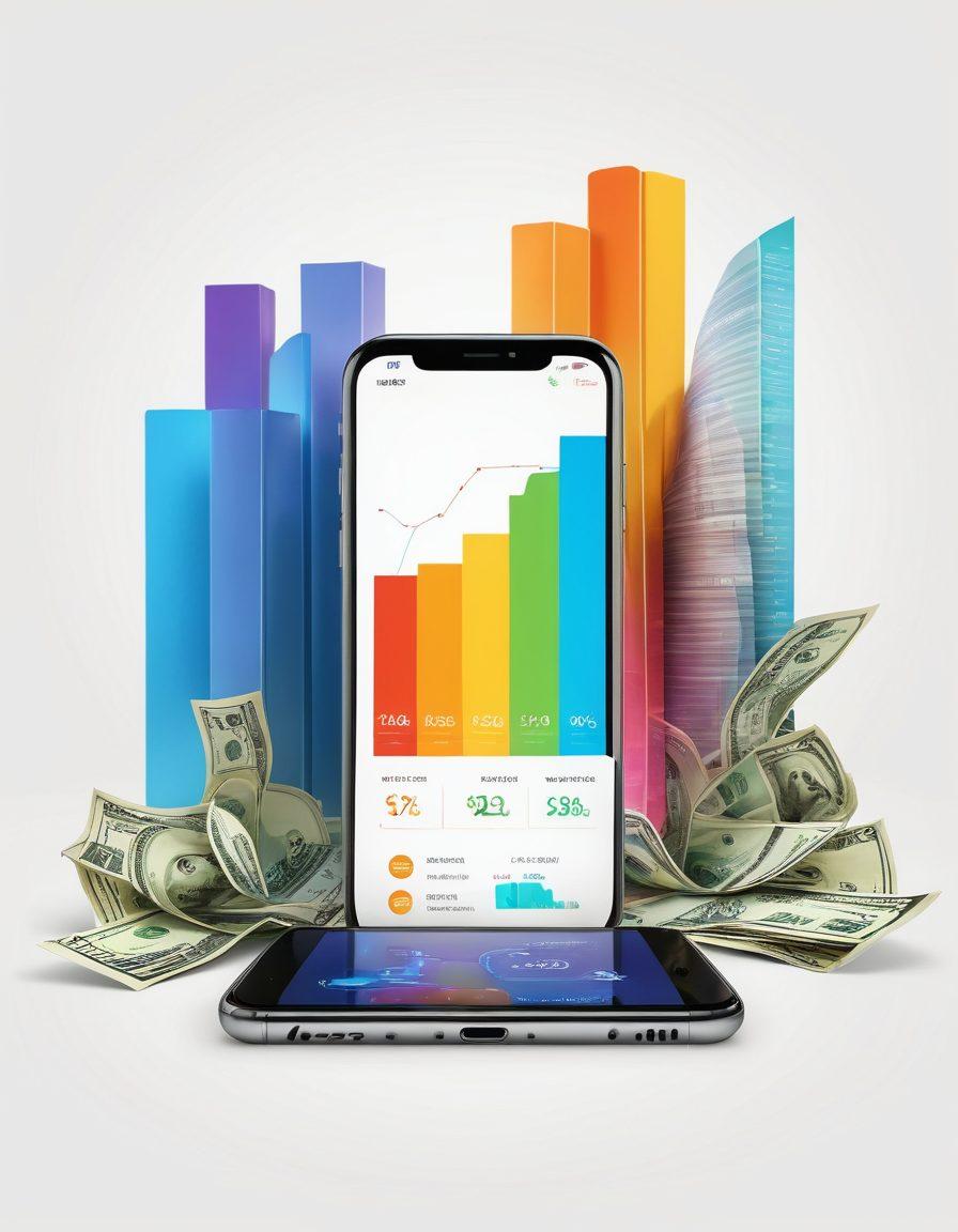 A modern digital landscape showcasing a glowing smartphone displaying various low-interest loan offers. In the background, diverse people are happily engaging in financial transactions on various digital devices. Highlight stacks of cash and attractive graphs indicating growth and flexibility around the phone. The color palette should be vibrant and inviting, with a futuristic design. super-realistic. vibrant colors. white background.